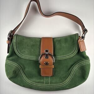 RARE Coach Soho Hobo Green Suede Shoulder Bag Leather Buckle Y2K Vintage F10918